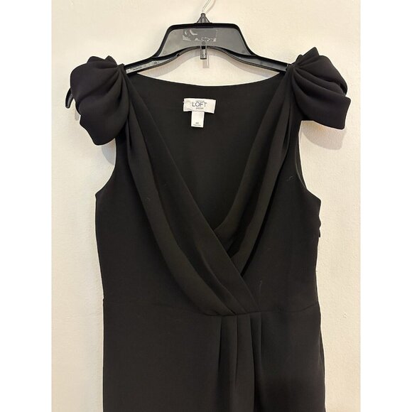EUC Ann Taylor Black Dress Size 4P Petites Loft Bow Shoulder V Neck Pleated  $98 - Picture 2 of 9